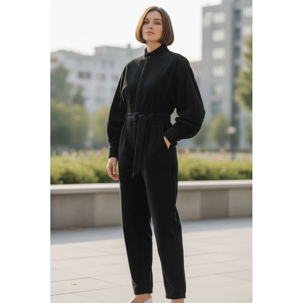 AGOLDE Jumpsuit Ina S Black Washed Denim Utility Zip Front High Neck moto dolman